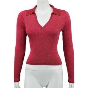 MAEVE by Anthropologie Sparkle Red Long Sleeve Collared‎ Knit Shirt | Medium